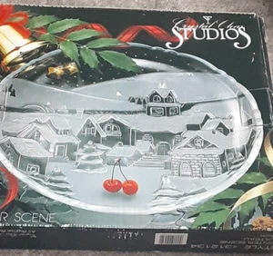 Serving Christmas Tray Crystal Clear Studios Village Winter Scene Etched plate - Picture 1 of 13