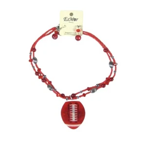 Set 3 Necklace 20 in Earrings Football Pendant Silvertone Plastic Beaded - Picture 1 of 5