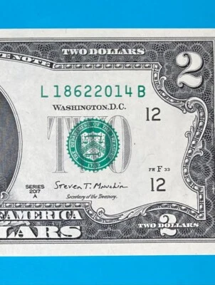 L 1862 2014 B : TRAILING YEAR 2014 $2 Two Dollar Bill Serial Number *UNC* - Image 1 of 3