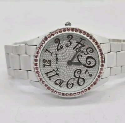 Betsey Johnson White Band Pink Crystals Silver Face New Battery - Image 1 of 4