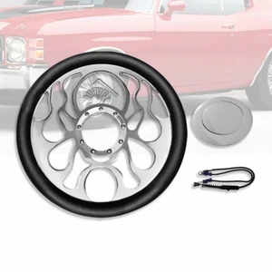 Chrome Billet 14" Flamed Steering Wheel Half Wrap Black Leather & Horn Button - Picture 1 of 5