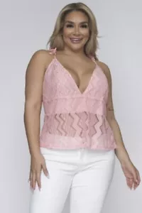 SEXY Baby Pink LACE Tank Top SIZE 1XL Womens Plus V NECK Tie Spaghetti Straps - Picture 1 of 3