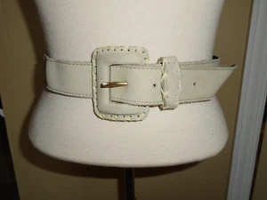 VTG 1970s Ivory Genuine Leather Belt Hand Stitched Buckle Sz M NOS - Picture 1 of 9
