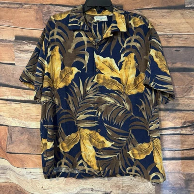 Caribbean Silk Mens XL Hawaiian Shirt Blue Yellow Palm Leaf Print Camp Aloha - Image 1 of 4