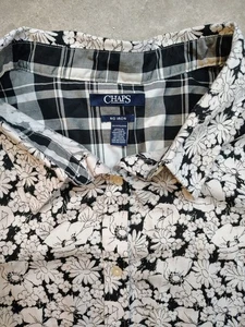 Chaps Womens 3x No Iron Shirt Black/White Floral Plaid Trim 3/4 Sleeve - Picture 1 of 14