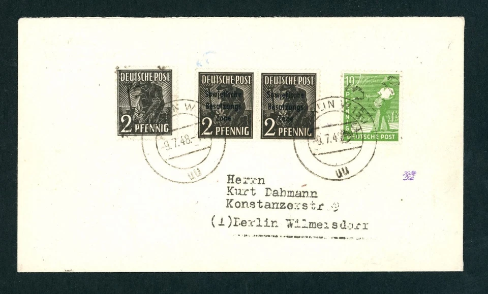 Sello de mano de distrito de Berlín / Sovi. Zona Mischfrankatur Berlin 9.7.1948 - Imagen 1 de 2