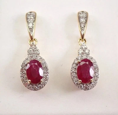 3Ct Oval Cut Lab-Created Ruby Halo Drop Dangle Earrings 14K Yellow Gold Plated - Image 1 of 4