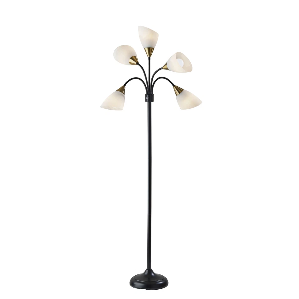 Five Light Floor Lamp Black w. Antique Brass Accents - Image 1 of 4