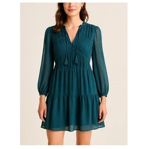 Sezane Stacy Swissdot Long Sleeve Flowy Mini Dress Teal La Maille Size Small New - Picture 1 of 9