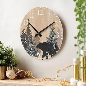 Cabin Bear Wall Clock 12 Inch Silent Non Ticking Wooden Forest - Picture 1 of 6