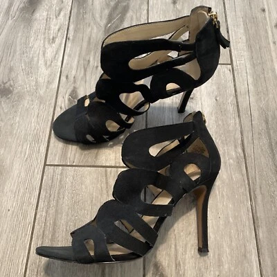Nine West Leather Open Toe Cut-out Pumps Heels Black Geometric Zipper  Size 10 - Image 1 of 4