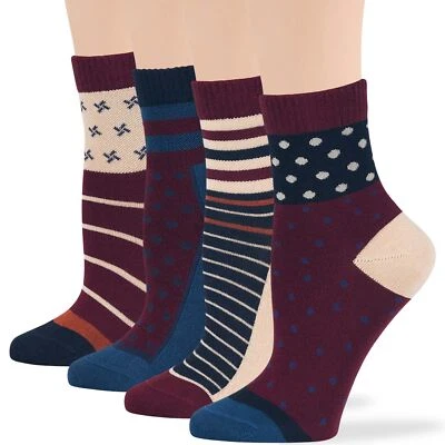 Women Bamboo Diabetic Pattern Quarter Socks L 4 Pack Dot Stripe Burgundy Ecru - Image 1 of 4