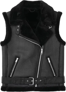 Men's Black Sheepskin Leather Vest – Genuine Fur Sleeveless Jacket Coat - Picture 1 of 2
