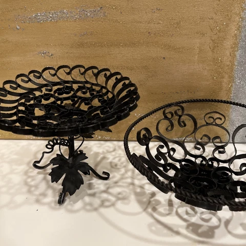 Pair Vintage Spain Wrought Iron Scroll work Black Metal Fruit Bowl Footed Basket Cover
