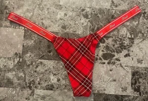NWT VICTORIA'S SECRET PINK RED PLAID MICRO TINY LOGO SIDE STRAPS THONG PANTIES - Picture 1 of 3
