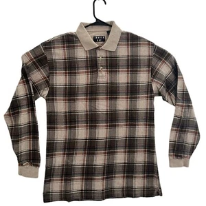 Vintage Trader Bay Long Sleeve Plaid Polo Shirt Mens Brown Tan Size M 0248 USA - Picture 1 of 7