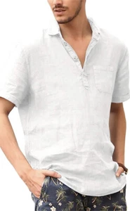 Mens Short Sleeve Henley Beach Plain Loose Fit White Shirt XXL - Picture 1 of 3