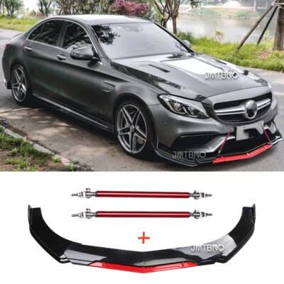 Black/Red Front Bumper Lip Splitter Kits + Strut Rods For Mercedes-Benz C300 AMG — 第 1/4 张图片
