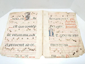 Antique Medieval Vellum Chant Latin illuminated manuscript music Gregorian 27x18 - Picture 1 of 10