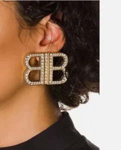BB Letter Designer X-Large Stud Earrings 14k Gold Plate Cubic Z 2 1/2 in x 2 in - Picture 1 of 1