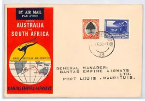 SOUTH AFRICA Air Mail Cover QANTAS FIRST FLIGHT MAURITIUS Port Louis 1952 YJ147 - Picture 1 of 12