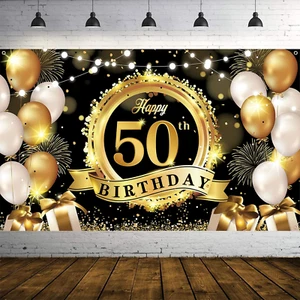 Happy 50Th Birthday Decoration Backdrop Banner Black Gold Extra Large Fabric Bir - Picture 1 of 12