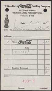 Coke Receipt Vintage Original Coca-Cola Soda Paper Route Invoice 1940s PA - Picture 1 of 1