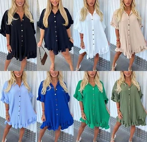 Womens Ladies Gold Button Pleated Frill Summer Shirt Swing Smock Mini Dress Top - Picture 1 of 20