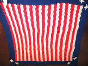Vintage Handmade Afghan Blanket RED/WHITE/BLUE 9" TASSLES ON CORNERS 70" X 80" - Picture 1 of 5
