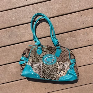vintage guess shoulder bag with leopard and chettah print with blue shoulder - Picture 1 of 8