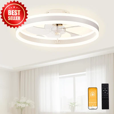 19.7" Low Profile Ceiling Fan w/ Light Remote LED Dimmable Bladeless White - Image 1 of 4
