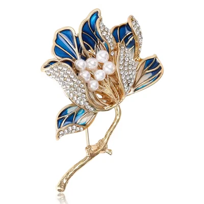 Broche Flor Loto Azul Dorado Perla Esmalte Estrás Prendedor Verano Joyería Regalo Foto 1 de 4