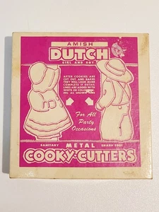 VTG AMISH DUTCH GIRL &BOY METAL COOKIE CUTTERS IN ORIGINAL BOX-5 1/2" HIGH - Picture 1 of 5