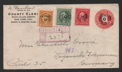US TO GERMANY 1922 REGISTERED UPGRADED POSTAL COVER WITH SCOTT #498, #499, #510 - Image 1 of 3