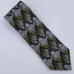 Vintage 90s Structure Silk Necktie – Cityscape Geometric Diamond Pattern Retro - Picture 1 of 7