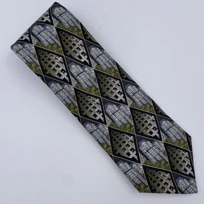 Vintage 90s Structure Silk Necktie – Cityscape Geometric Diamond Pattern Retro - Image 1 of 4