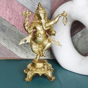 Brass Ganesha Statue Dancing Ganesh Ji Idol Home Entrance Diwali Pooja 8 Inch - Picture 1 of 5
