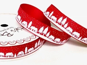 Red Christmas Winter Scene Grosgrain Ribbon 16mm x 5m Length Berties Bows 119 - Picture 1 of 4