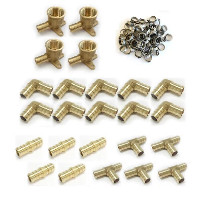 (64 PCS) 1/2" PEX CRIMP FITTINGS  4 DROP-EAR ELBOWS, TEE, COUPLING ELBOW - Image 1 of 4
