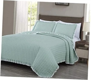 Bonnie 3-Piece 100% Cotton Quilt Set Size, King Double Frayed Ruffled Aqua - Picture 1 of 8