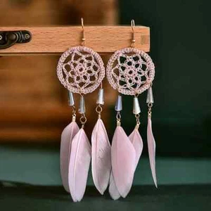 Dreamcatcher Shape Pendant Earrings with Feather Tassel Hook Earrings - Picture 1 of 14