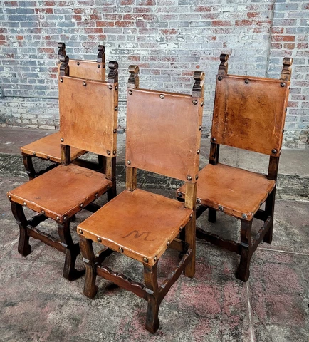 Spanish Revival Dining Chairs w/Brown Leather -set of 4 Cover
