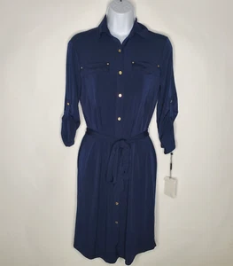 Calvin Klein Womens Navy Blue Button Up Belted Shirt Dress Size 2 Preppy Career - Picture 1 of 10