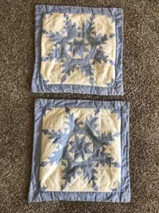 Hawaiian Quilted Pillow Blue & White Flying Geese Variation Handmade 15" PAIR - Picture 1 of 8