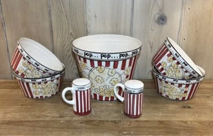 EVERYBODY LOVES POPCORN Striped Popcorn 7 Piece Set Large Bowl 4 Small Bowls S&P - Picture 1 of 7