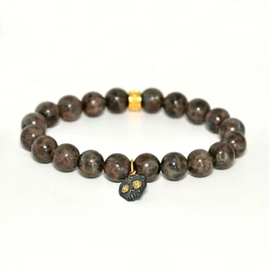 NOV9M 0.03ct Diamonds 24K & Silver Skull in Iran Labradorite Beads Bracelet 8" - Picture 1 of 2