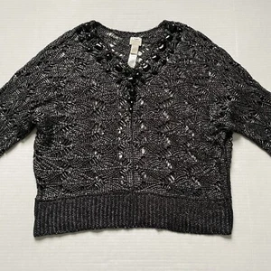 Chicos Sweater Womens L 2 Metallic Gray Open Knit Beaded Collar 3/4 Sleeve - Picture 1 of 11