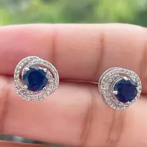 2Ct Round Simulated Blue Sapphire Diamond Stud Earrings 14K White Gold Plated - Picture 1 of 8