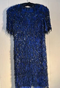 Modi Seide Fransen Flapper Salsa Tanzkleid blau schwarz Paletten gefüttert Gr. S kurz - Bild 1 von 15