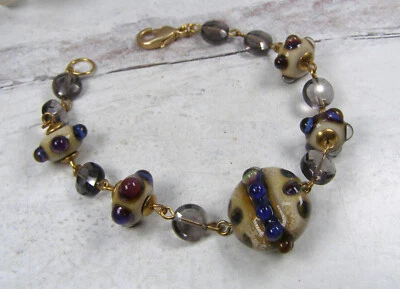 Artisan lampwork Glass Bead Rustic Organic Gray Bracelet Rain Drop tan - Image 1 of 4